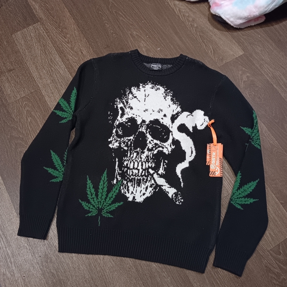 RGSTR  Black Skull and Leaf Crewneck Sweater Sz L New
